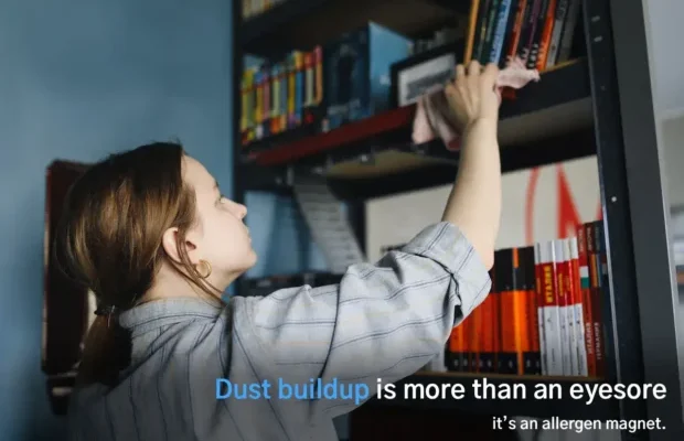 Dust buildup on shelves and books that can trigger allergies in the home