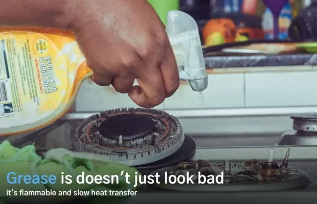 Grease buildup on kitchen surfaces that can increase fire and safety risks